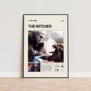 May include: A framed poster for "The Witcher" video game. The poster features a central image of a character with white hair and a monster. The poster includes the game title, release date, and genre information.