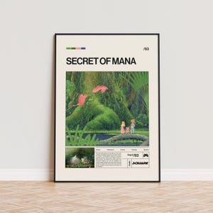 以下が含まれることがあります： 「SECRET OF MANA」の文字が上部に配置された、額縁入りのポスター。鮮やかなファンタジーシーンが描かれており、橋の上に立つ人物たち、緑豊かな風景、ピンク色の鳥が特徴です。追加のテキストとカラーパレットも含まれています。