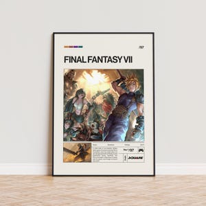 May include: A framed poster featuring the title "FINAL FANTASY VII" with a colorful illustration of characters from the game. The poster includes text indicating the game's genre, release date, and developer. The artwork depicts a group of action figures in a fantasy setting.