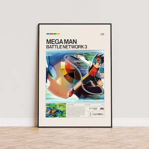May include: A framed poster featuring the text "MEGA MAN BATTLE NETWORK 3" with a colorful graphic of a character in action. The poster has a cream-colored background with a black frame. The poster includes the Capcom logo.