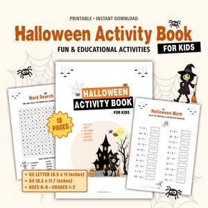 May include: A printable Halloween activity book for children containing 18 pages of puzzles, maths, colouring, tracing, writing, and building. The cover features a haunted house, a witch, and a cat. Includes US Letter and A4 8.3 x 11.7 cm formats.