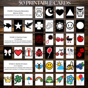 Puede incluir: Juego de 50 tarjetas didácticas imprimibles para bebés. Las tarjetas de la Etapa 1 son en blanco y negro, las tarjetas de la Etapa 2 introducen el rojo y las tarjetas de la Etapa 3 presentan ilustraciones a color. Cada tarjeta tiene una imagen diferente.