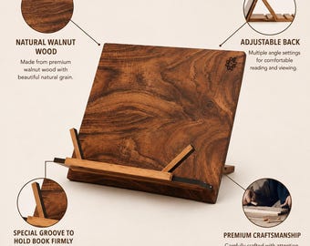 Supporto per ricettario in legno di noce, regolabile, ideale per esporre libri di cucina in stile rustico da fattoria.