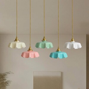 Milk Glass Pendant Light – Vintage Scalloped Brass Hanging Lamp for Kitchen Island image 3