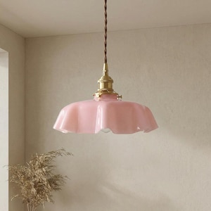 Milk Glass Pendant Light – Vintage Scalloped Brass Hanging Lamp for Kitchen Island Pink