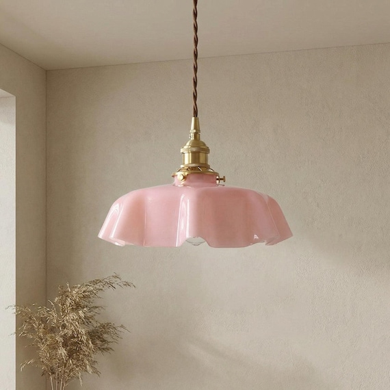 Milk Glass Pendant Light – Vintage Scalloped Brass Hanging Lamp for Kitchen Island
