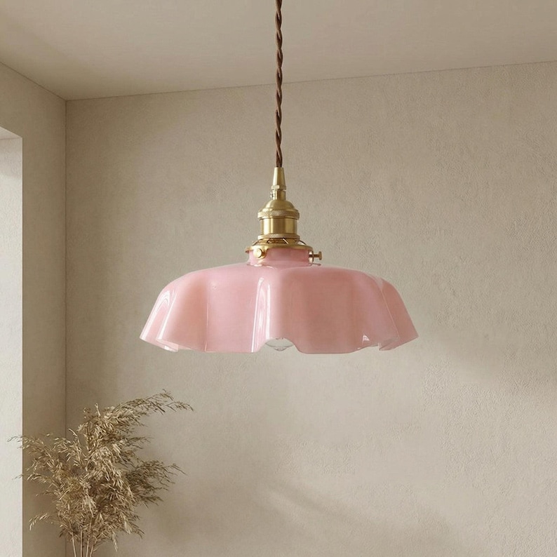 Milk Glass Pendant Light – Vintage Scalloped Brass Hanging Lamp for Kitchen Island Pink