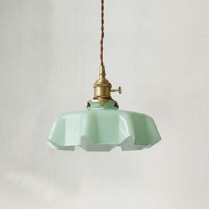Milk Glass Pendant Light – Vintage Scalloped Brass Hanging Lamp for Kitchen Island Green