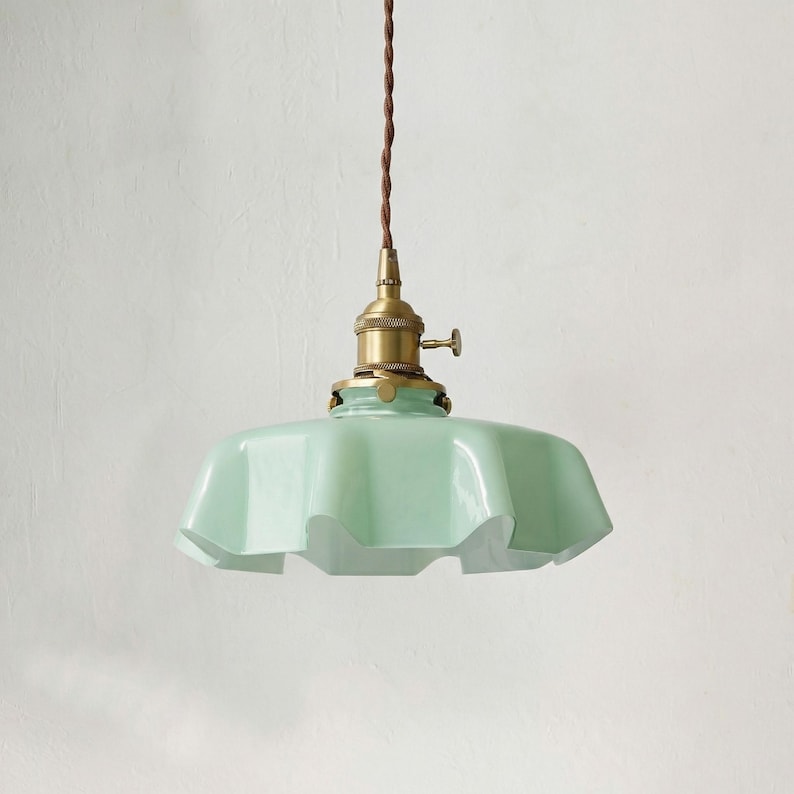 Milk Glass Pendant Light – Vintage Scalloped Brass Hanging Lamp for Kitchen Island Green