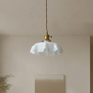 Milk Glass Pendant Light – Vintage Scalloped Brass Hanging Lamp for Kitchen Island White