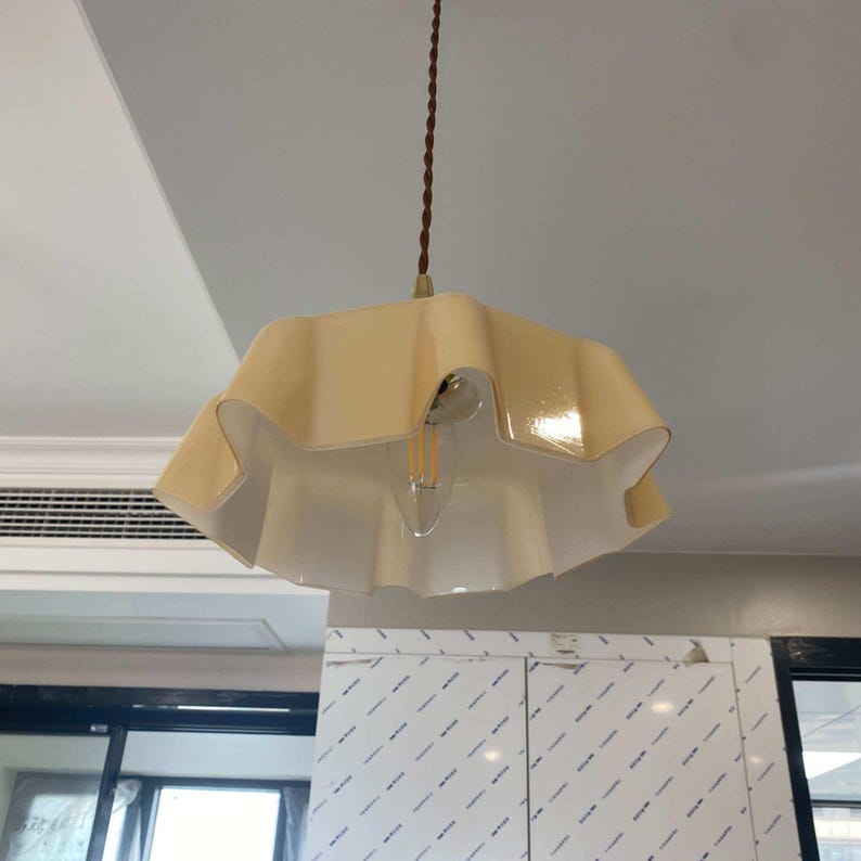 Milk Glass Pendant Light – Vintage Scalloped Brass Hanging Lamp for Kitchen Island Cream