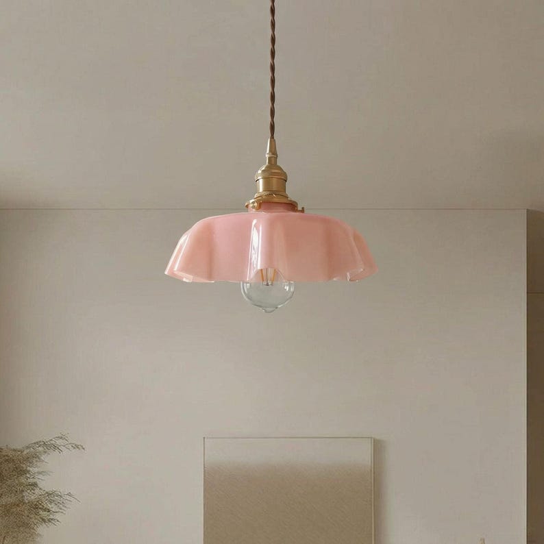 Milk Glass Pendant Light – Vintage Scalloped Brass Hanging Lamp for Kitchen Island image 8