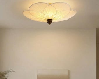 Nordic Flower Flush Mount Ceiling Light | Japandi Fabric LED Lamp | Retro Wooden Beige Bedroom & Living Room Lighting Fixture