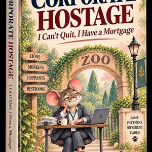 Puede incluir: Un libro de tapa dura titulado Corporate Hostage: I Can't Quit, I Have a Mortgage. La portada muestra una ilustración de un ratón con traje sentado en un escritorio con un portátil, encadenado a un peso con forma de casa frente a un zoo.