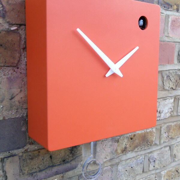 Modern orange cuckoo clock with moving bird &  pendulum RESERVED