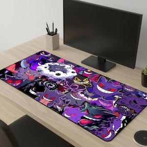 Dark Gengar XL Gaming Mouse Pad - Custom Large Pokemon Desk Mat - Purple Gaming Setup Accessories - Extended Mousepad Gift for Gamers