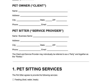 Plantilla de contrato de cuidado de mascotas, contrato de cuidado de perros, contrato de cuidado de mascotas, contrato de cuidado de animales, formulario PDF editable
