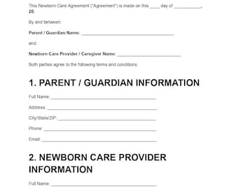 Plantilla de acuerdo de cuidado del recién nacido, contrato de niñera para bebés, contrato de cuidado infantil, acuerdo con especialista en recién nacidos, formulario PDF editable
