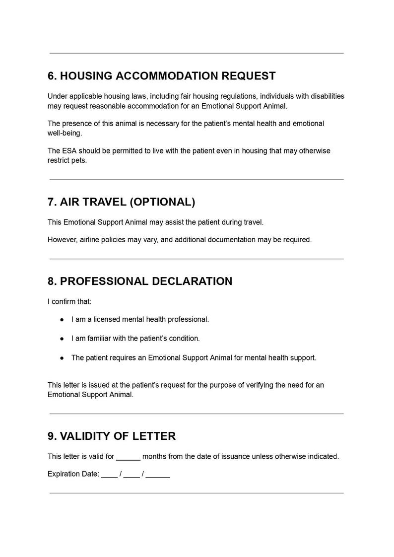 Emotional Support Animal Letter Template ESA Housing Verification