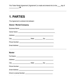 Puede incluir: Documento blanco titulado "TRAILER RENTAL AGREEMENT" con secciones para la información del Propietario/Empresa de alquiler y del Arrendatario. El documento incluye campos para el nombre de la empresa, la dirección, el número de teléfono y el número de licencia de conducir.