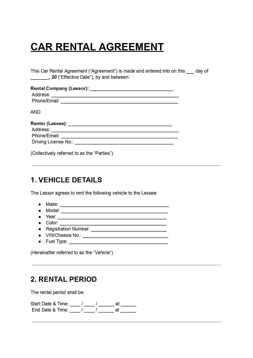 Editable Car Rental Agreement Template | Vehicle Contract DOC PDF - Etsy
