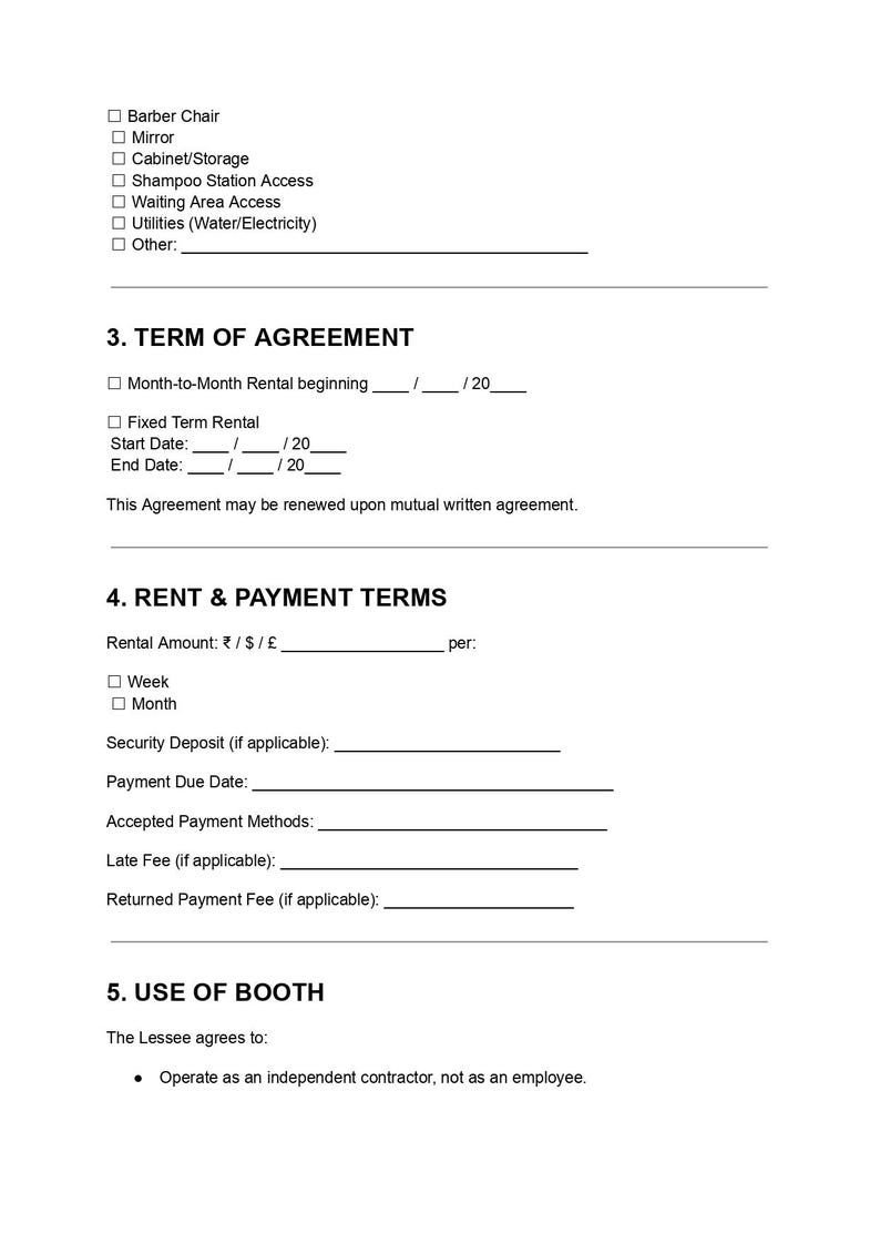 Barber Booth Rental Agreement Template | Editable DOC & PDF Contract - Etsy
