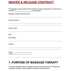 Massage Therapy Liability Waiver Contract | Editable Client Intake Form (Digital Download)