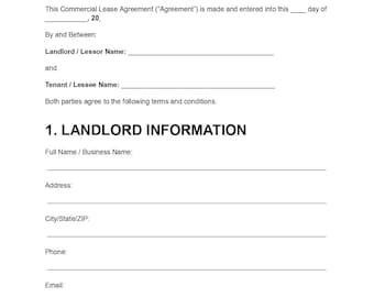 Plantilla de contrato de arrendamiento comercial, contrato de alquiler de negocios, arrendamiento de propiedad comercial, contrato de arrendamiento entre propietario e inquilino editable en formato PDF.