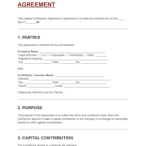 May include: A white document titled "CAPITAL CONTRIBUTION AGREEMENT" with sections for parties, purpose, and capital contribution. Includes fields for company name, legal structure, address, and contributor information.