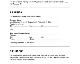Plantilla de acuerdo de aportación de capital (DOC y PDF editables) / Contrato de inversión empresarial / Acuerdo de financiación de sociedades de responsabilidad limitada (LLC)