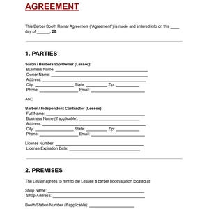 Barber Booth Rental Agreement Template | Editable DOC & PDF Contract - Etsy