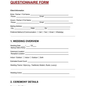 May include: A white wedding coordinator questionnaire form with headings and fillable fields. The form includes sections for client information, wedding overview, and ceremony details. Text is in a dark red font.