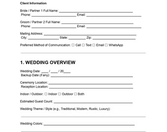 Plantilla de cuestionario para coordinadores de bodas / Formulario de admisión de clientes (DOC, PDF)