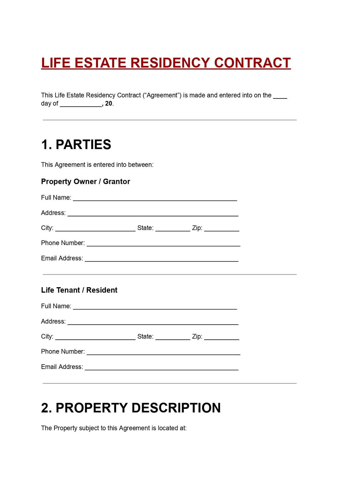 Life Estate Residency Contract Template | Lifetime Occupancy Agreement ...