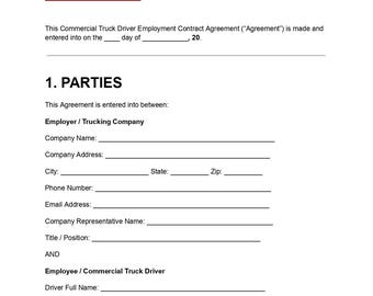 Plantilla de contrato de trabajo para conductor de camión comercial (DOC y PDF)