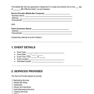 Mobile Bar Service Agreement Template | Bartending Contract (DOC & PDF)