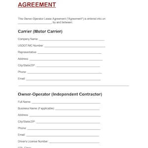 May include: A printed Owner-Operator Lease Agreement document featuring a header in red text. The form includes blank lines for entering details for the Carrier, such as company name, USDOT/MC number, and contact information, and for the Owner-Operator.