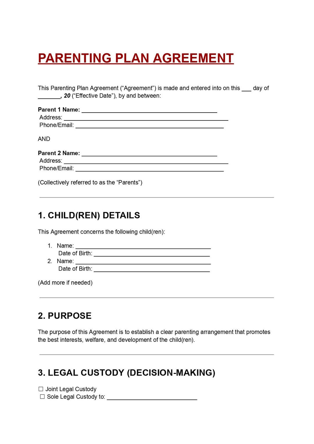 Parenting Plan Agreement Template Editable DOC & PDF | Child Custody ...