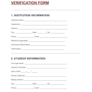 May include: A white student enrollment verification form with red text at the top. The form includes sections for institution and student information, with fields for names, addresses, and contact details. The document is designed for official use.