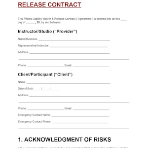 Pilates Liability Waiver and Release Form, Pilates Studio Waiver, Fitness Liability Release, Client Consent Form, Editable PDF