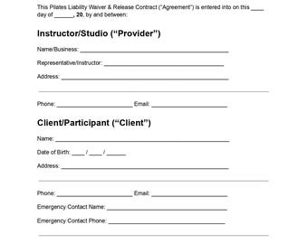 Formulario de exención de responsabilidad para Pilates, Exención de responsabilidad para estudio de Pilates, Exención de responsabilidad para gimnasio, Formulario de consentimiento del cliente, PDF editable