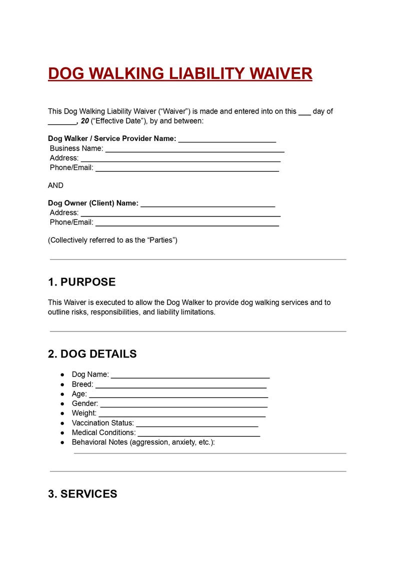 Dog Walking Liability Waiver Template | Pet Care Release Form (DOC ...