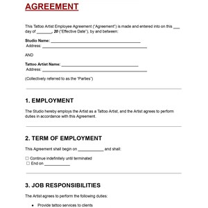 Op de afbeelding: Een wit document getiteld "TATTOO ARTIST EMPLOYEE AGREEMENT" met zwarte tekst. Het document beschrijft de arbeidsvoorwaarden, inclusief taken zoals het leveren van tatoeagediensten en het handhaven van hygiënenormen.