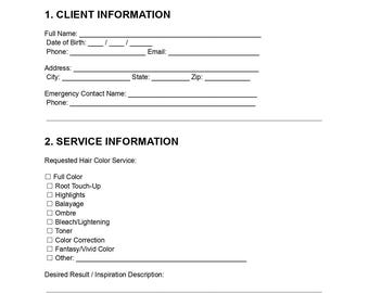 Formulario de exención de responsabilidad por consentimiento de coloración capilar / Exención de responsabilidad por servicios químicos de salón (Descarga digital)