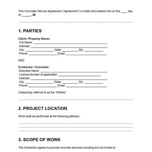 May include: A Concreter Service Agreement form, with the title in bold red letters. The document includes sections for Parties, Project Location, and Scope of Work, with fillable fields for client and contractor information.