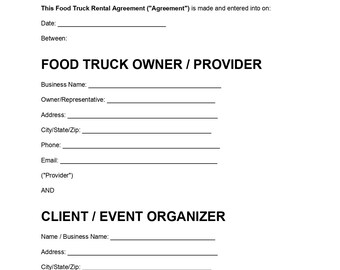 Plantilla de contrato de alquiler de food truck, contrato de catering móvil, formulario de arrendamiento para vendedores de alimentos, PDF de acuerdo comercial editable