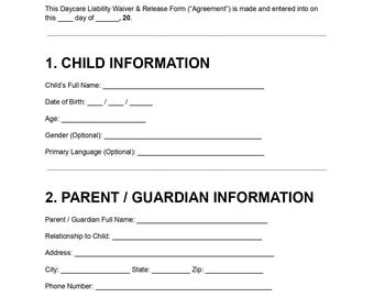 Daycare Liability Waiver Release Form | Childcare Consent Agreement (DOC/PDF)