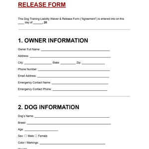 May include: A dog training liability waiver and release form. The document includes sections for owner and dog information, with fields for name, address, breed, age, and weight. The title is in bold red text.