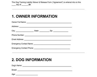Formulario de exención de responsabilidad por adiestramiento canino / Acuerdo de cliente para adiestrador de mascotas (DOC/PDF)