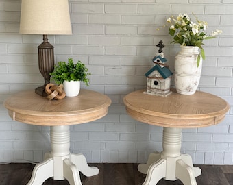 Refinished Oak Pedestal Side Tables, Round Modern Farmhouse Accent Furniture Pair